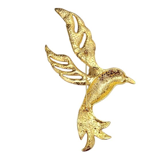 Gold Tone Enamel Clear Rhinestone Statement Large Paradise Bird Brooch, K203 - Picture 4 of 8